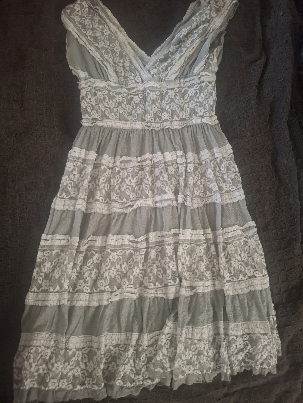 Max Studio Sage Green Lace Tiered Mini Dress with White Lace